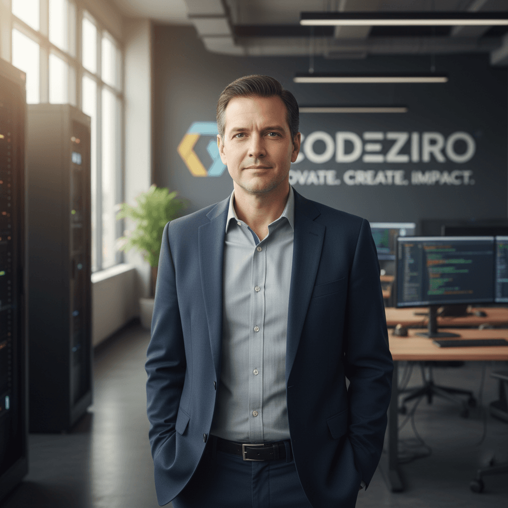 Professional portrait of Alex Rodriguez, CodeZiro founder, wearing casual business attire with modern office background featuring technology equipment and motivational workspace