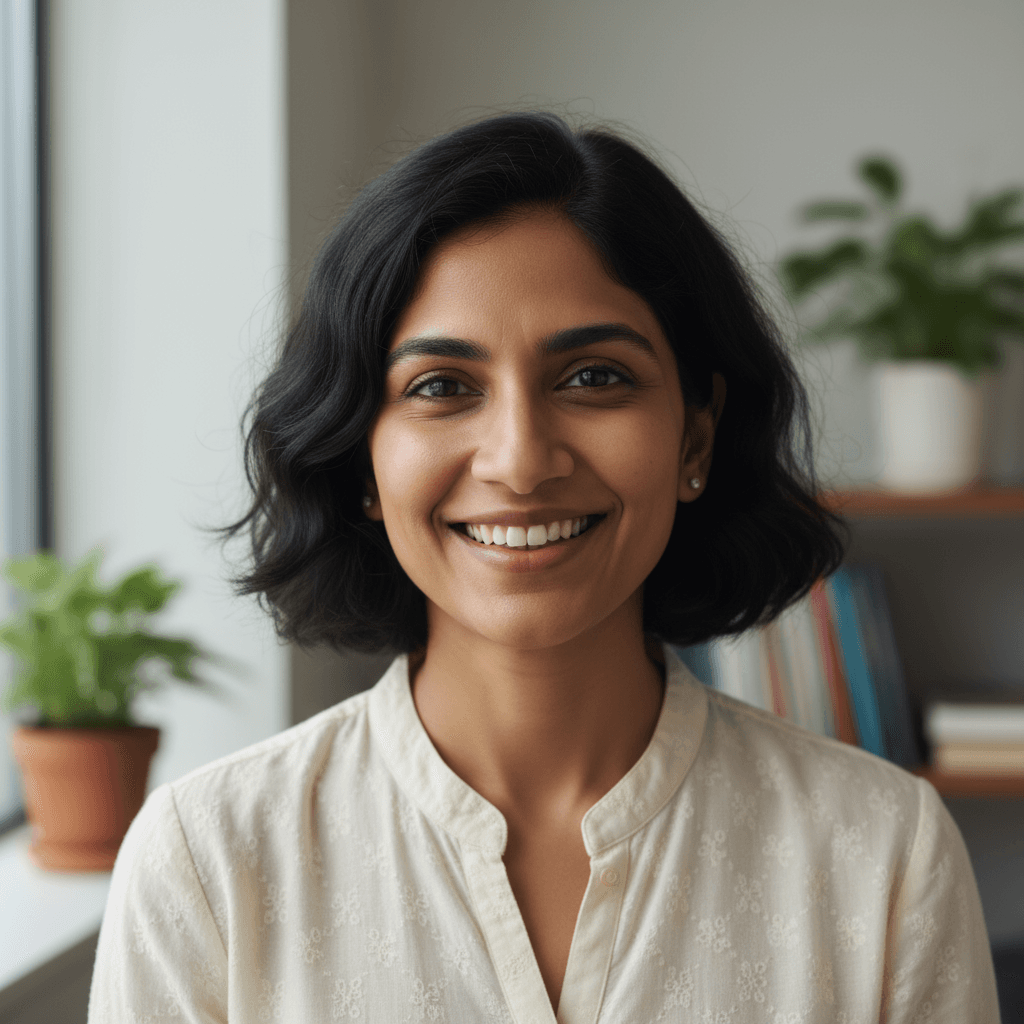 Professional headshot of Indian woman with long dark hair wearing white blazer, smiling professionally at camera with soft lighting and neutral background