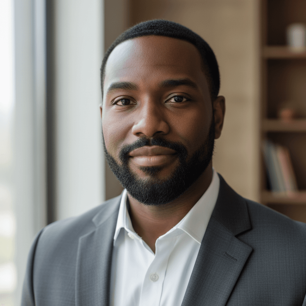 Professional portrait of African American man with short beard wearing gray suit jacket and white shirt, looking professionally at camera with modern office background