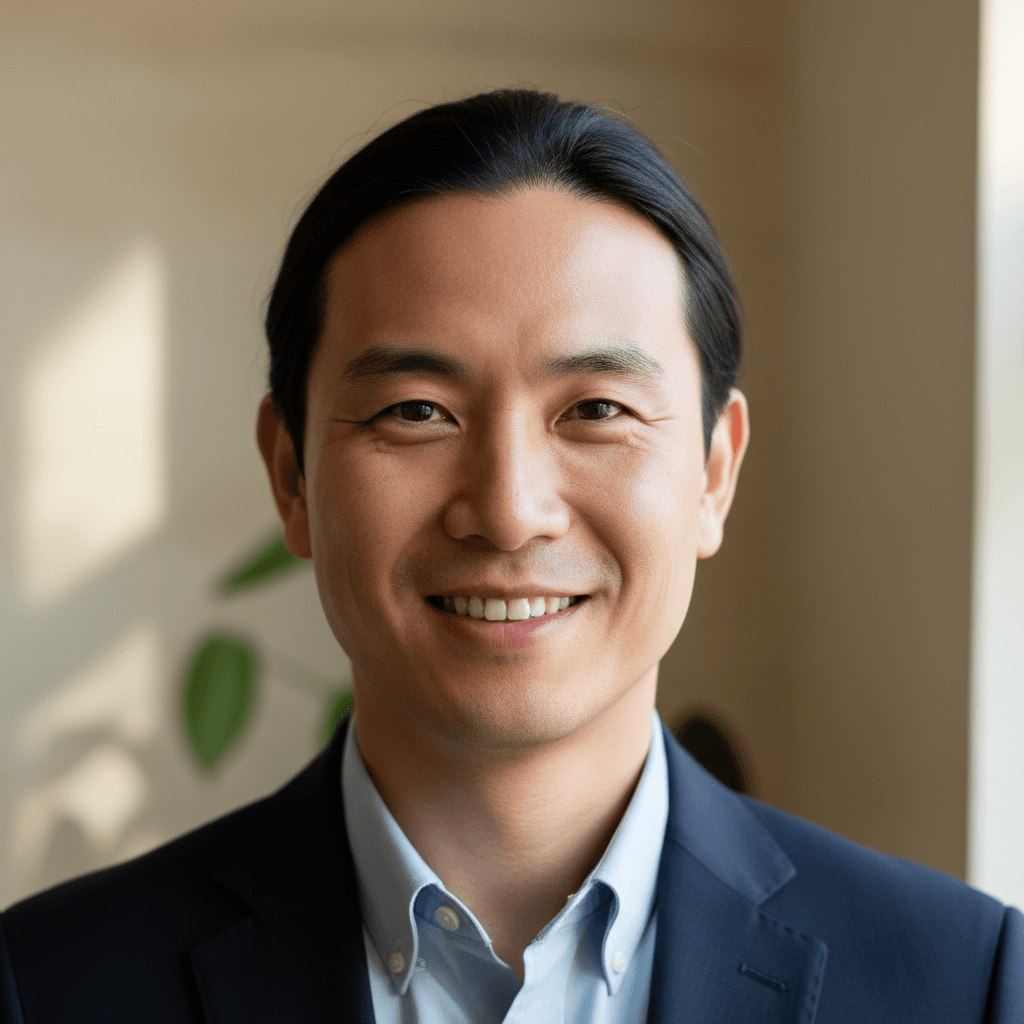 Professional portrait of Asian man with short black hair wearing dark blue shirt, looking confidently at camera with modern tech office environment in background