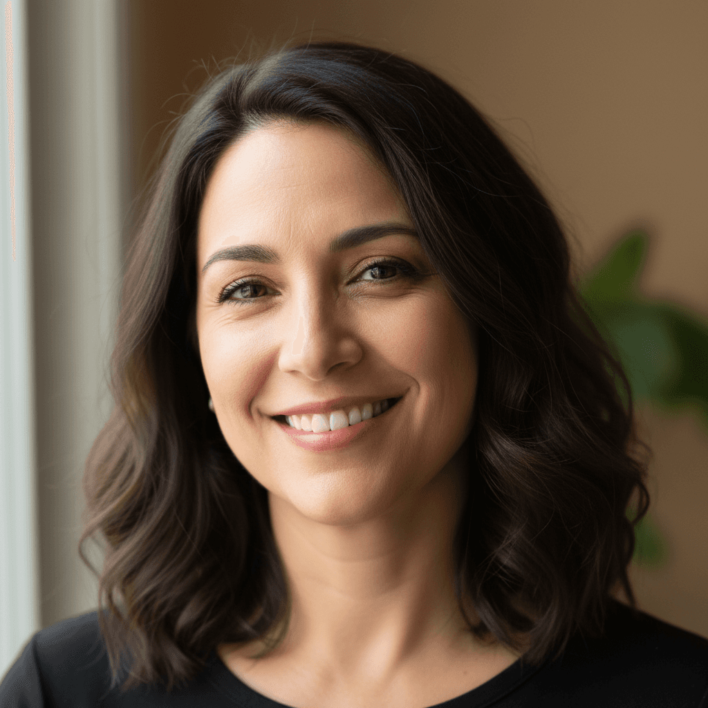 Professional headshot of Hispanic woman with shoulder-length brown hair wearing teal blouse, smiling warmly at camera with bright studio lighting and clean background